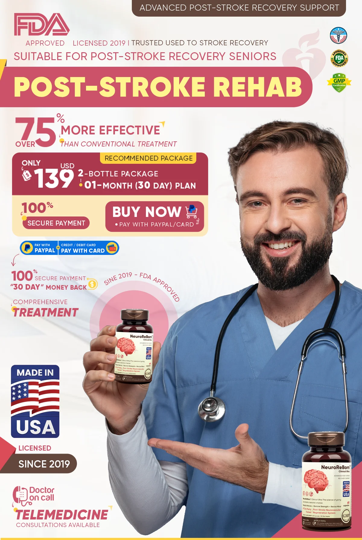 NeuroReBorn™ Clinical Ultra — 2-bottle, 30-day post-stroke support plan for only USD 139. FDA-registered facility · PayPal secure · 30-day guarantee.